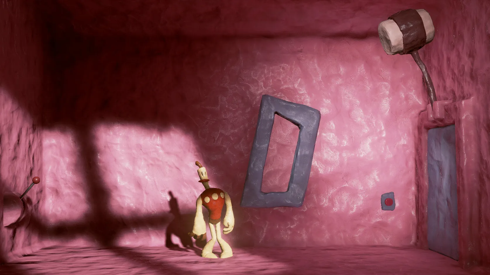 Captura The Neverhood – Interior Rosado Con Personaje Solitario Al Centro De Una Sala Vacia
