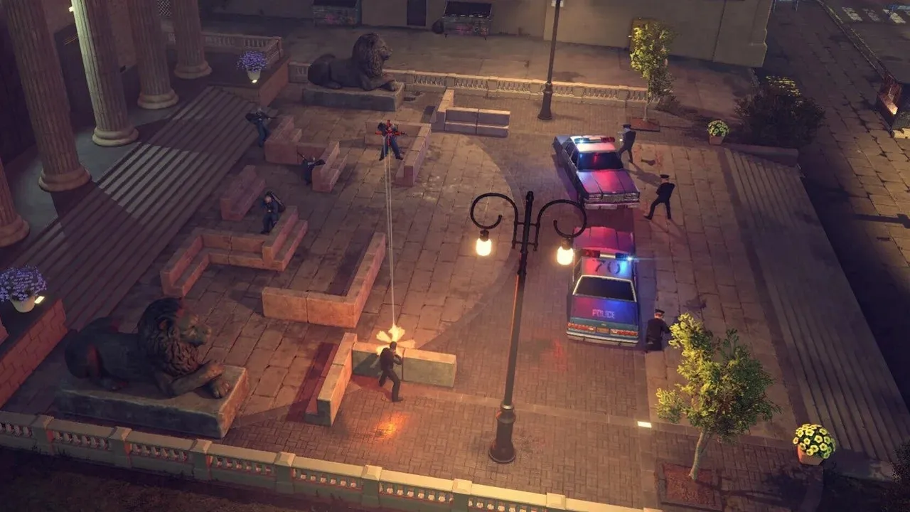 Captura The Precinct Vista Cenital De Patrulla Policial Deteniendose Frente A Una Fuente Iluminada