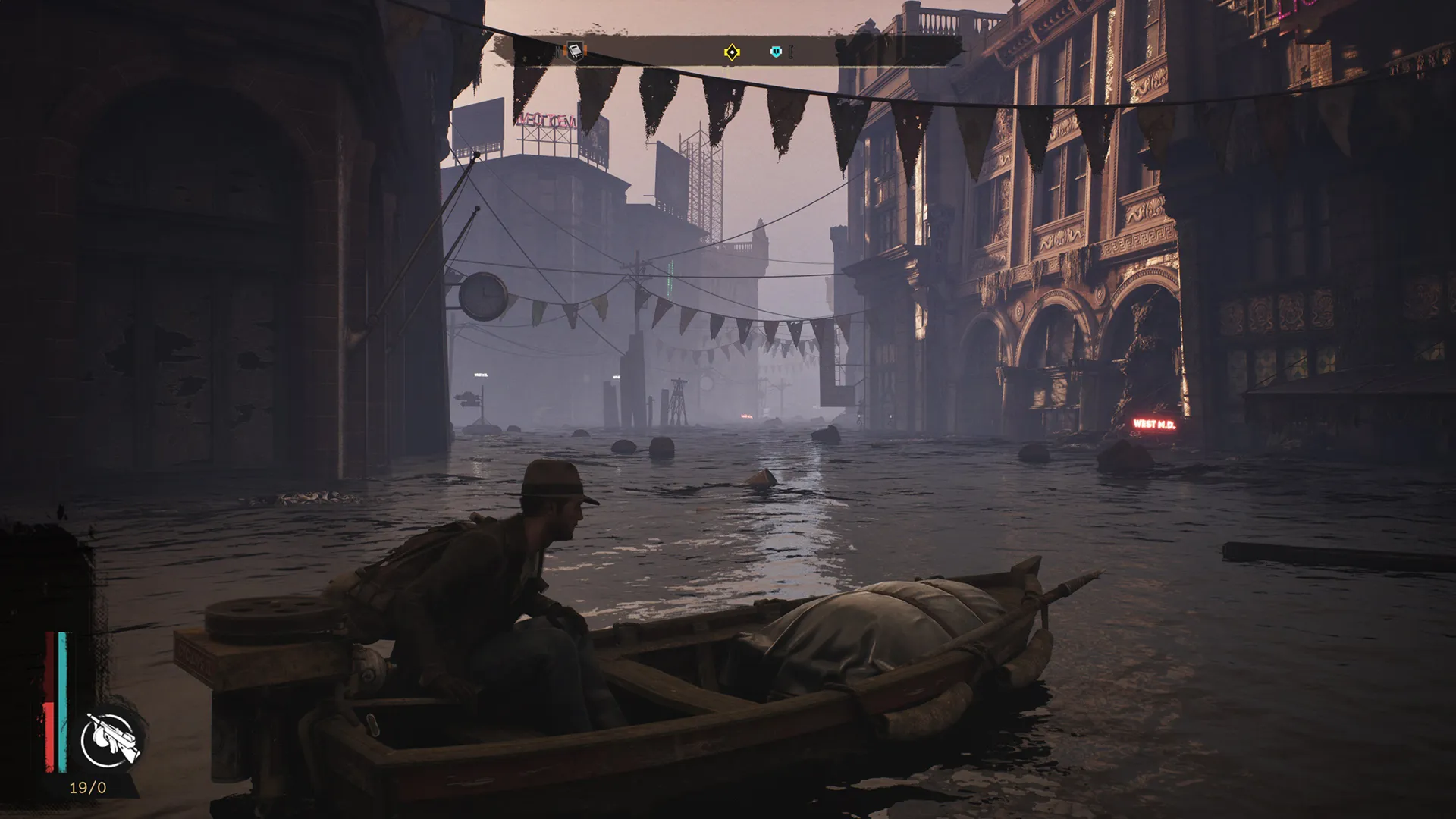 Captura The Sinking City 2 Bote Cruzando Canal Entre Edificios Europeos Al Atardecer