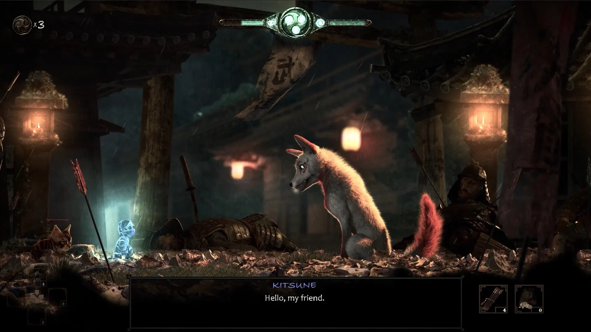 Captura The Spirit Of The Samurai – Escena Nocturna Con Antorchas Criatura Fantasmal Y Personaje En Combate