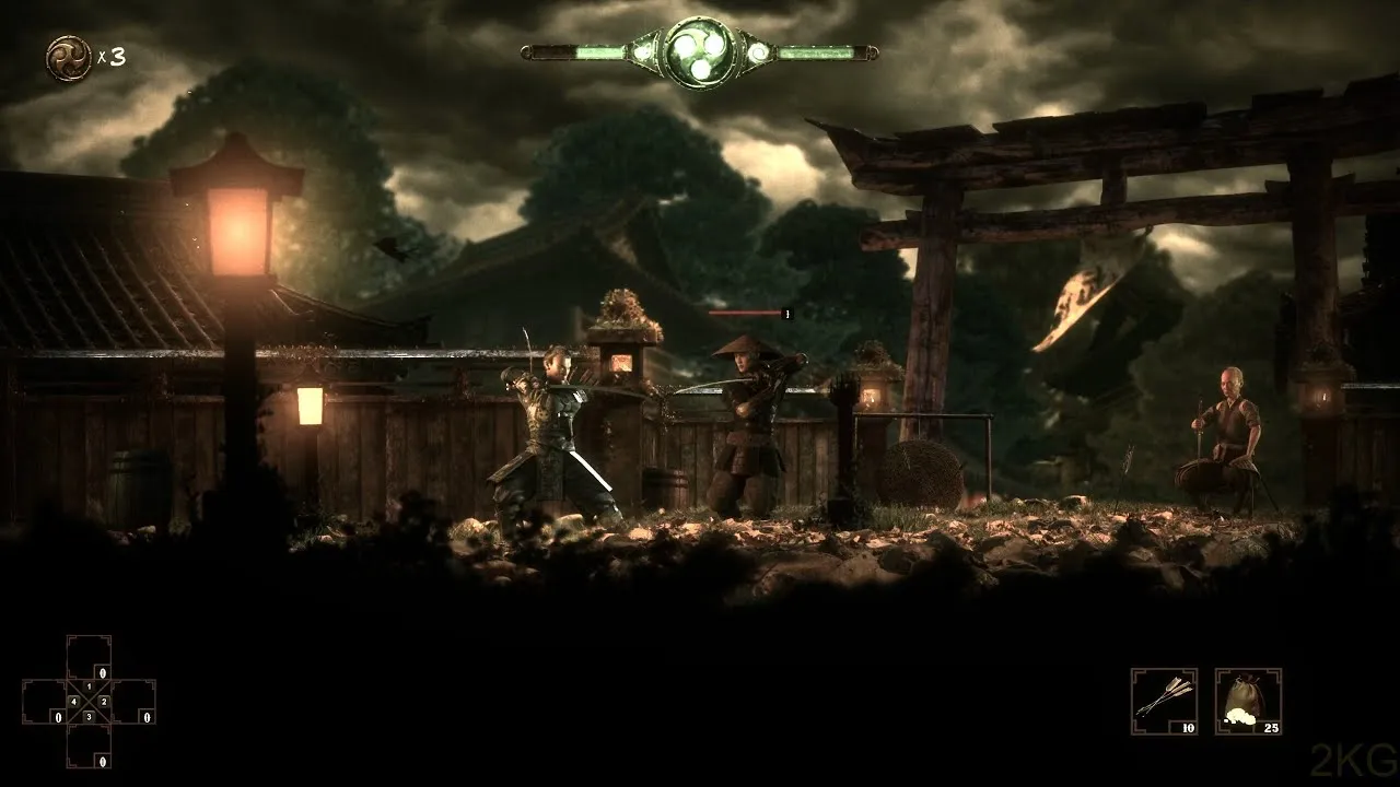 Captura The Spirit Of The Samurai – Pueblo Iluminado De Noche Con Enemigos Y El Protagonista Enfrentandolos
