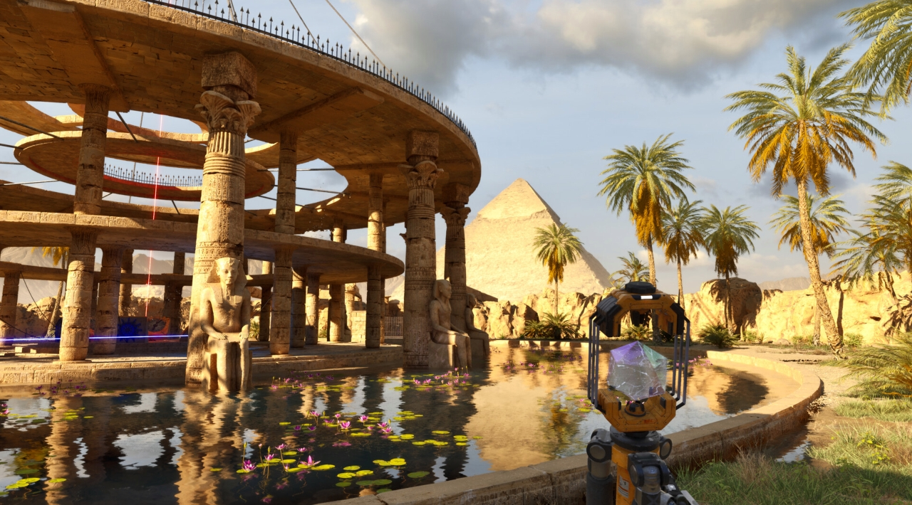 Captura The Talos Principle Reawakened – Estructura Circular Flanqueada Por Fuentes De Loto Frente A Una Piramide Con Un Prisma Suspendido Sobre El Agua