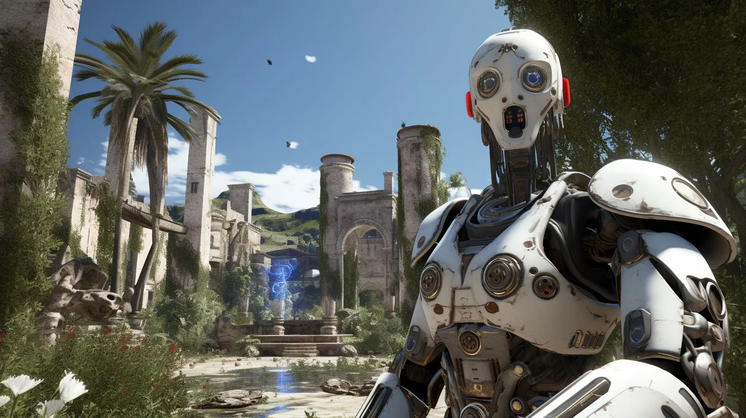 Captura The Talos Principle Reawakened – Primer Plano De Un Robot Blanco Con Camaras Oculares Ante Un Patio Ajardinado Con Columnas Derruidas