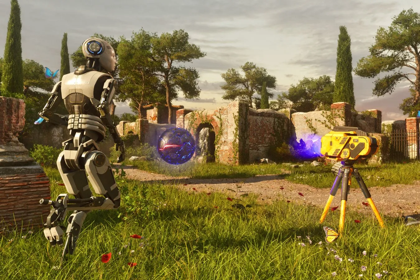 Captura The Talos Principle Reawakened – Un Androide Sostiene Un Nodo Luminico Junto A Un Dispositivo Emisor En Un Jardin Ruinoso