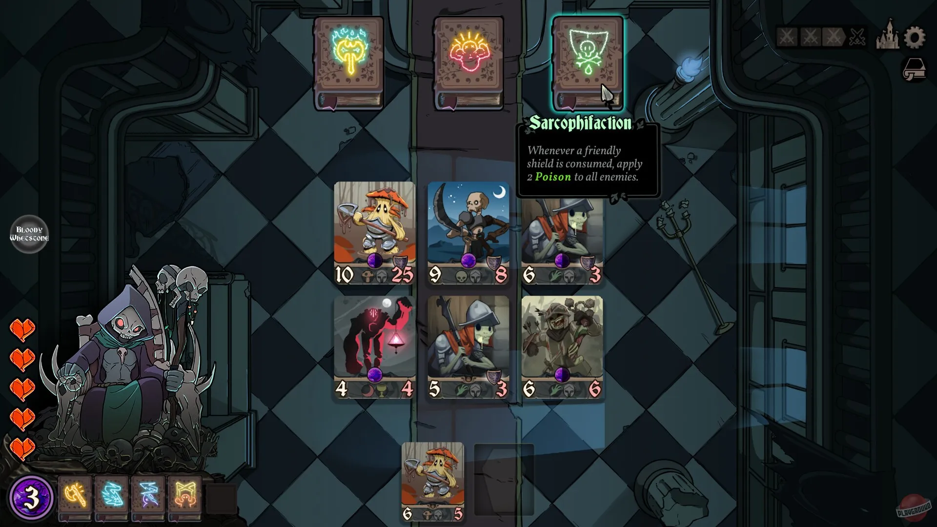 Captura Throne Of Bone Tablero De Combate Con Cartas De Personajes Y Enemigos Visibles