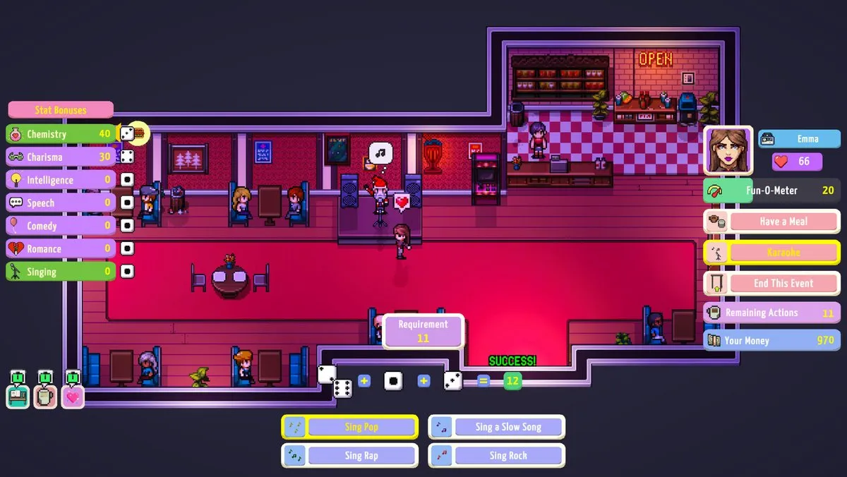 Captura To Pixelia – Interior De Restaurante Con Personajes Y Ventanas De Dialogo Activas