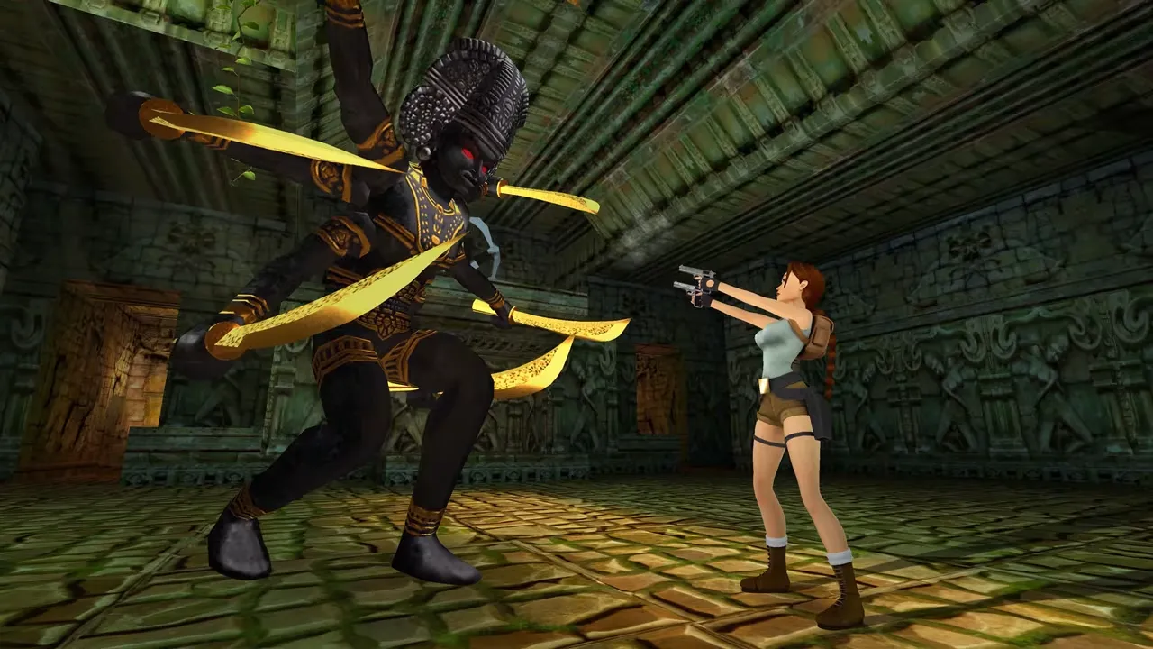 Captura Tomb Raider I–II–III Remastered – Lara Enfrenta A Una Figura Gigante Armada Con Multiples Espadas Doradas