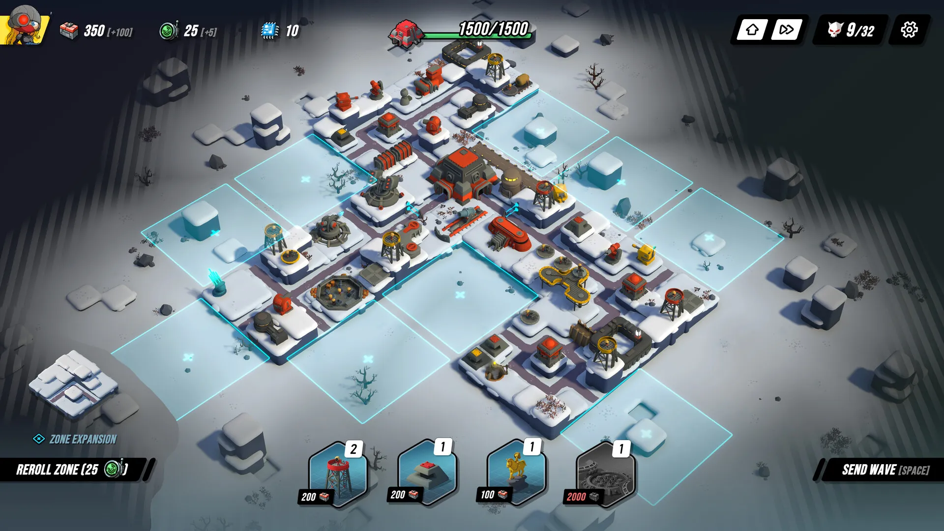 Captura Tower Dominion – Base Cubierta De Nieve Con Torretas Distribuidas En Un Diseno De Cuadricula Defensiva