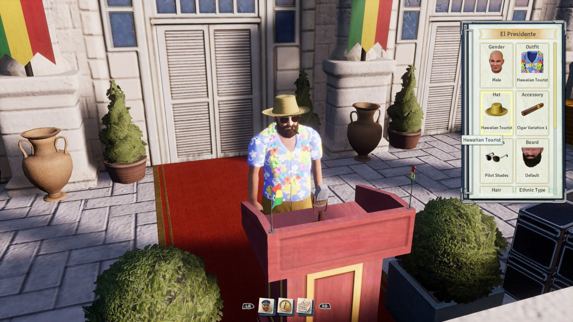 Captura Tropico 6 El Prez Edition – El Presidente En Un Podio Con Menu De Personalizacion De Atuendo Y Accesorios