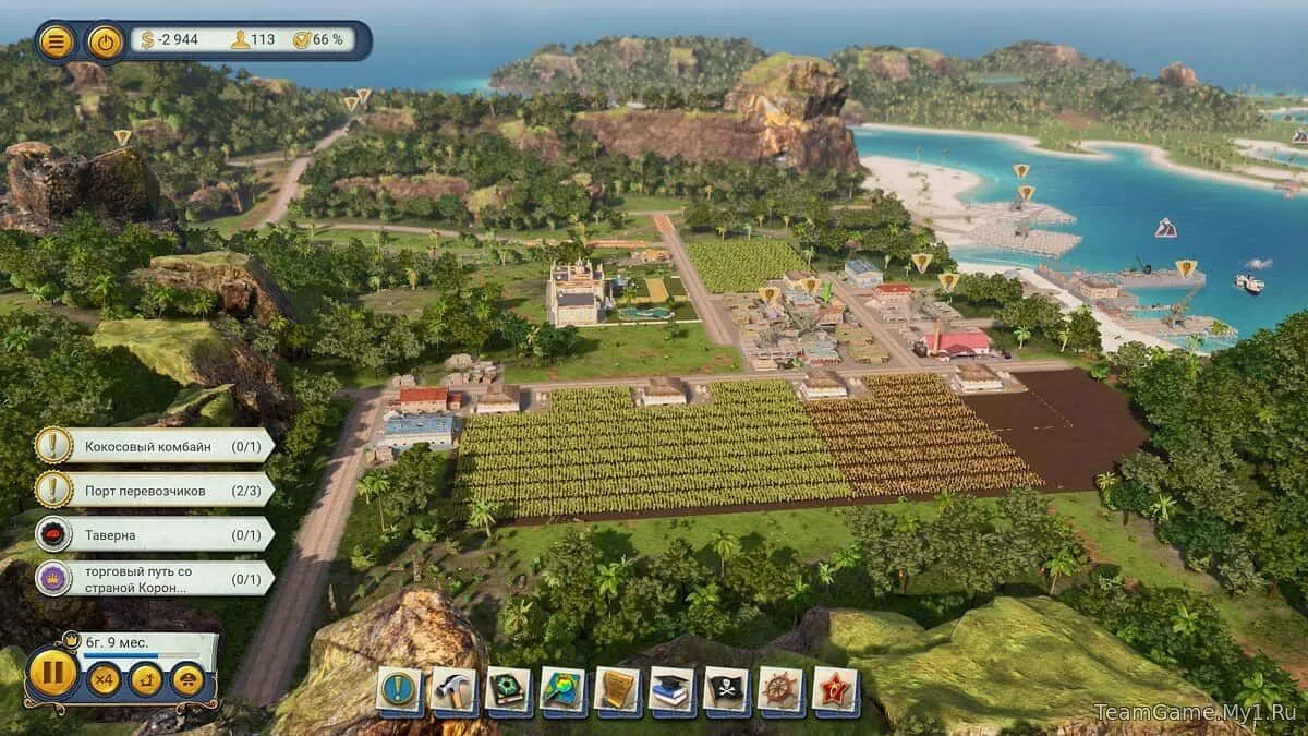 Captura Tropico 6 El Prez Edition – Vista Aerea De Plantaciones Y Edificios Costeros Con Panel De Misiones E Iconos De Construccion