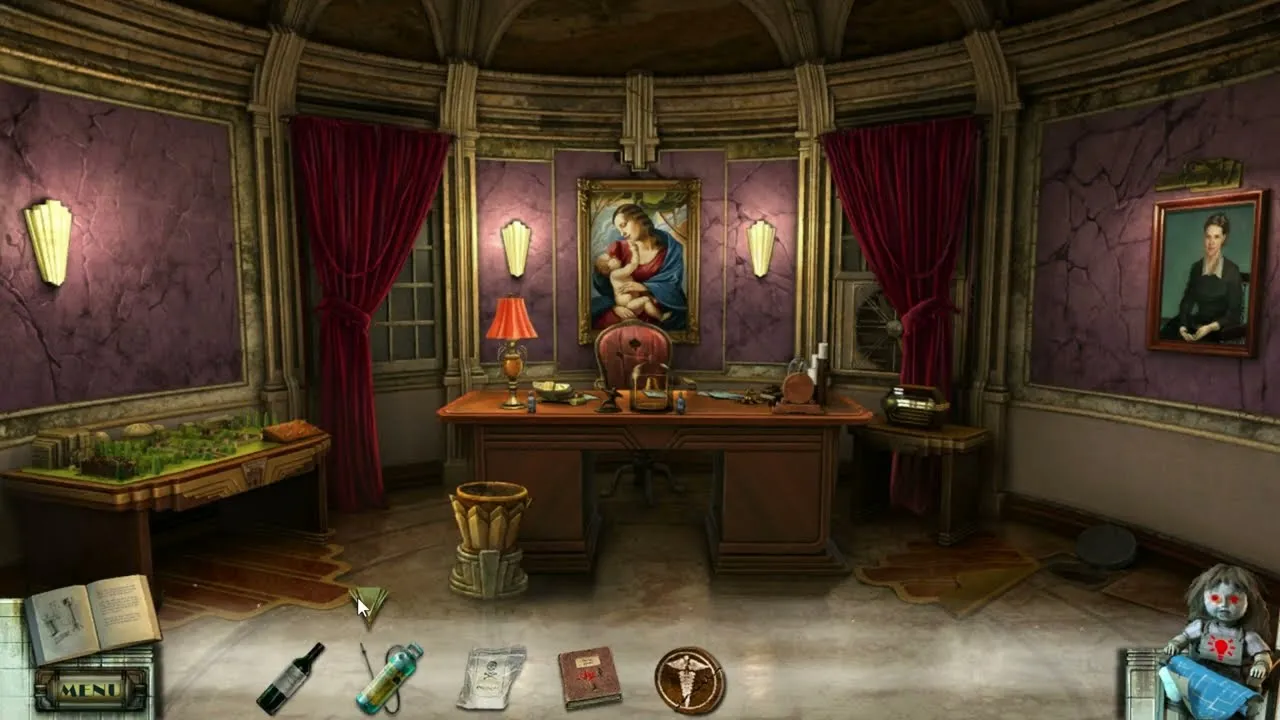 Captura True Fear Forsaken Souls Part 3 – Oficina Lujosa Con Cortinas Rojas Y Un Retrato Religioso En El Centro Rodeada De Objetos Investigables
