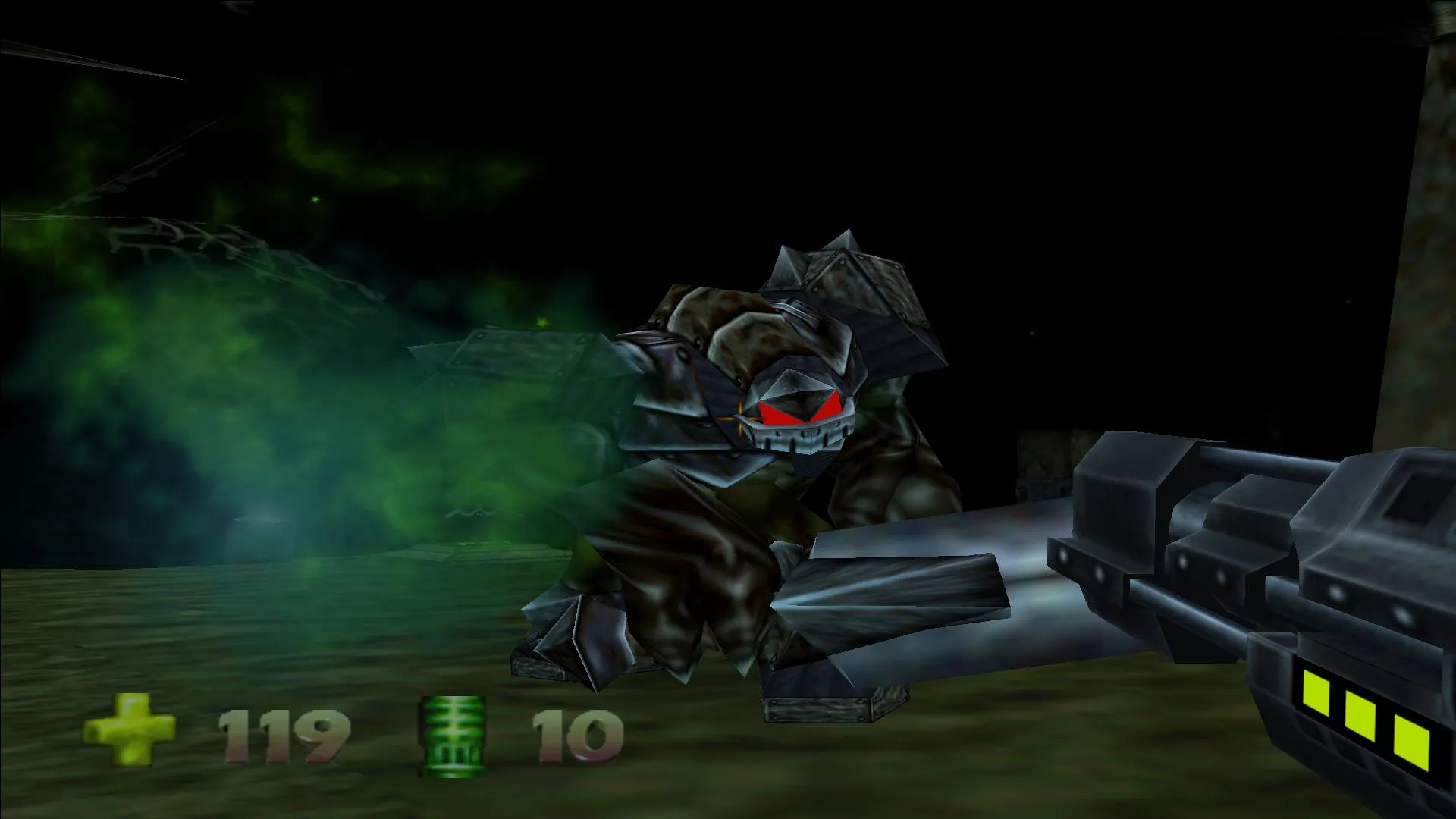 Captura Turok 2 Seeds Of Evil – Criatura Con Armadura Negra Y Ojos Rojos Se Aproxima Entre Humo Verde