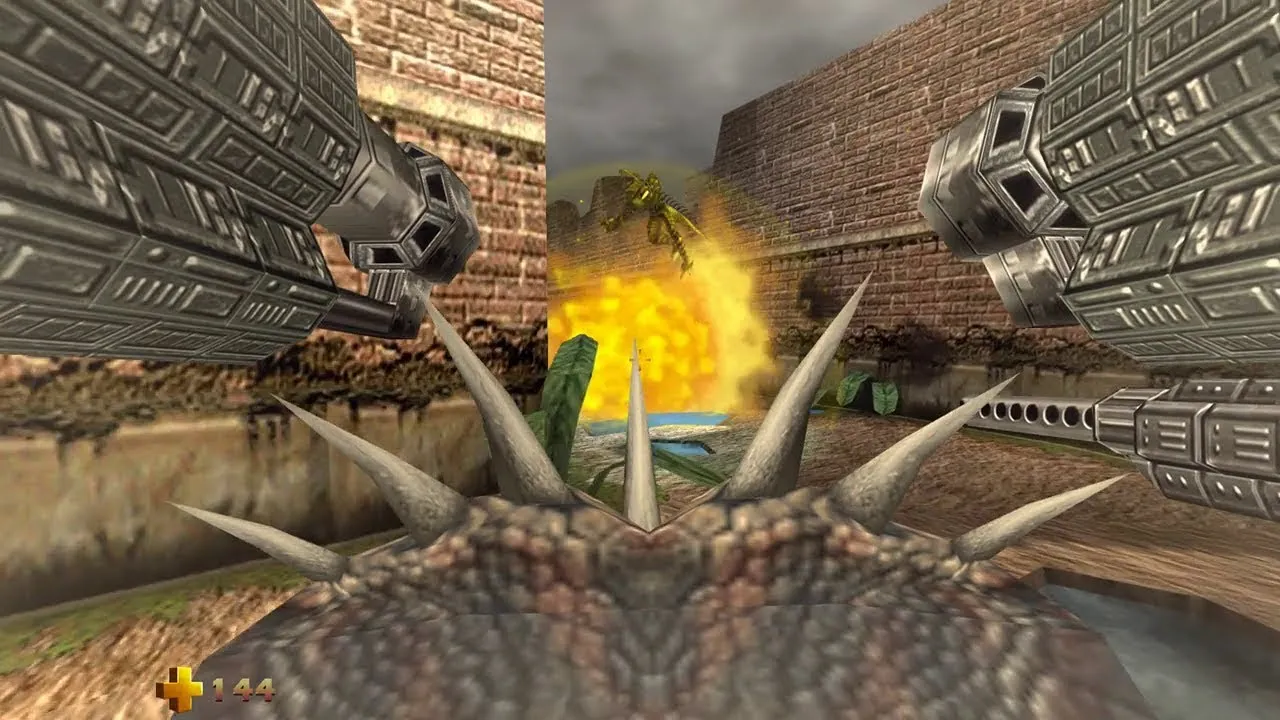 Captura Turok 2 Seeds Of Evil – Vista En Primera Persona Con Doble Canon Enfrentando Una Explosion