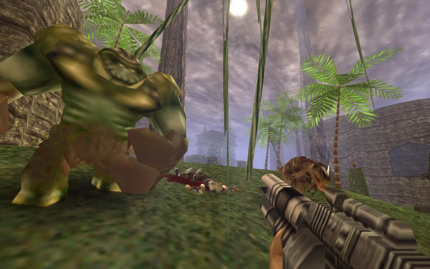 Captura Turok – Disparo A Criatura Verde Gigante En Jungla Con Arma En Primer Plano