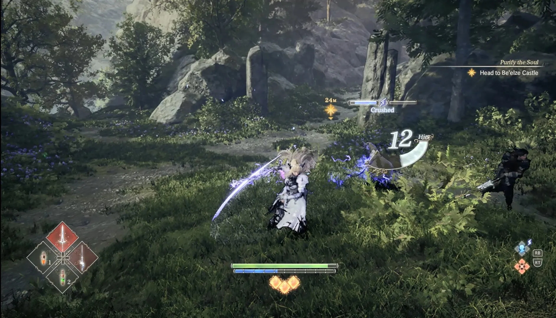 Captura Valkyrie Elysium Deluxe Edition La Valquiria Ataca Con Su Espada Envuelta En Rayos Violetas Conectando Una Cadena De Golpes Contra Enemigos En Una Zona Boscosa