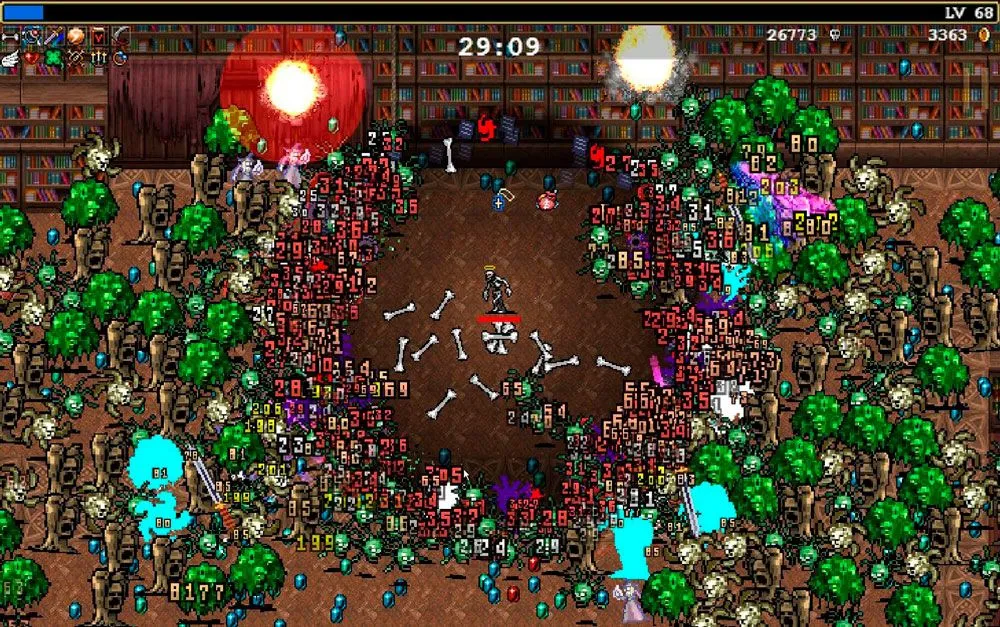 Captura Vampire Survivors – Enfrentamiento Central En Sala Con Enemigos Y Explosiones Pixeladas