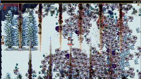 Captura Vampire Survivors – Pantalla Nevada Repleta De Enemigos Rodeando Al Jugador