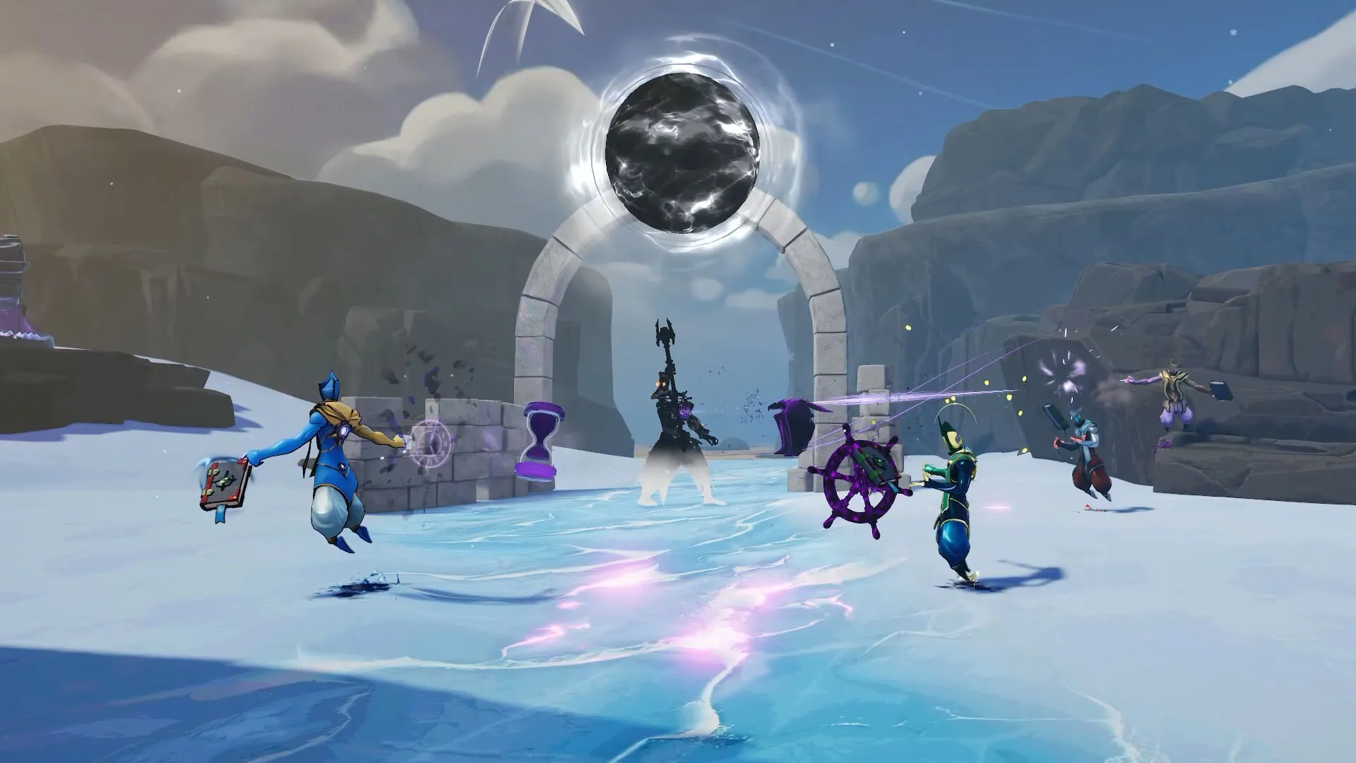 Captura Vellum – Grupo De Personajes Magicos Frente A Un Portal Con Esfera Oscura Suspendida