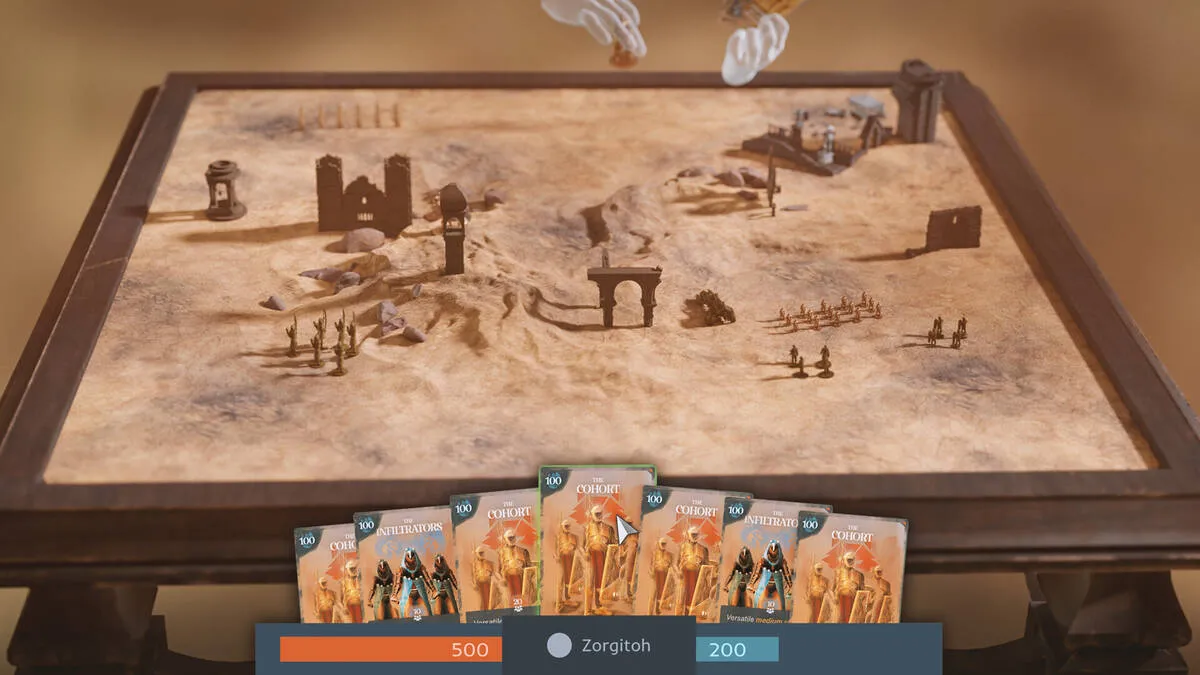 Captura Vestiges Fallen Tribes – Tablero Con Estructuras De Arena Y Cartas Visibles En La Parte Inferior