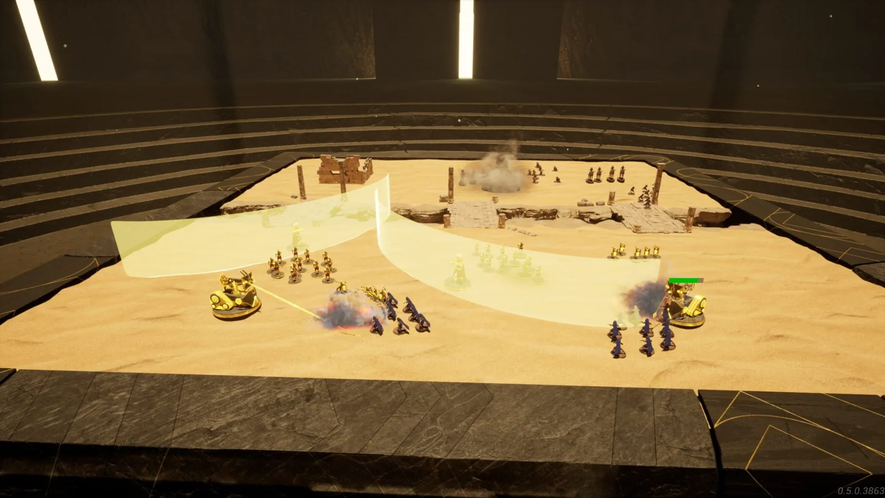 Captura Vestiges Fallen Tribes – Vista Cenital De Un Tablero Tactico Con Miniaturas En Sala Iluminada