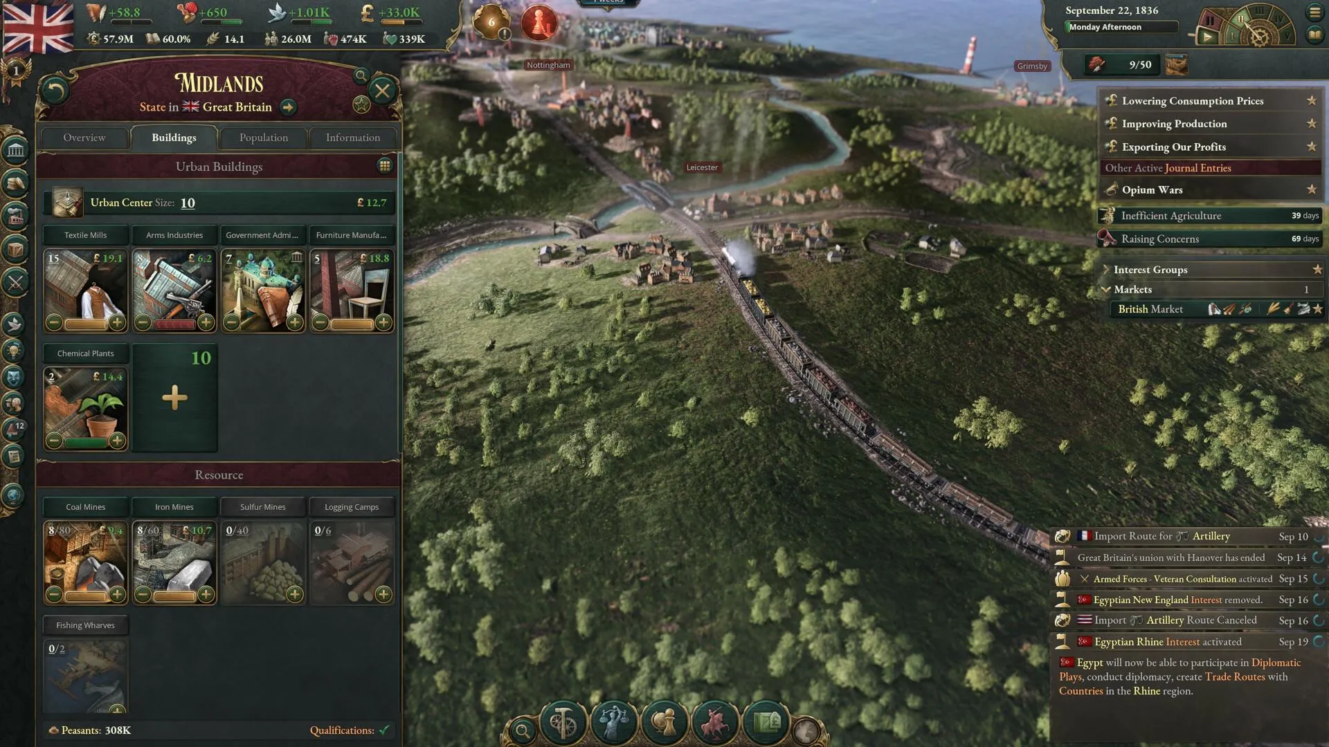 Captura Victoria 3 Grand Edition – Vista Aerea De Midlands Con Tren En Movimiento Y Menu De Edificios Industriales