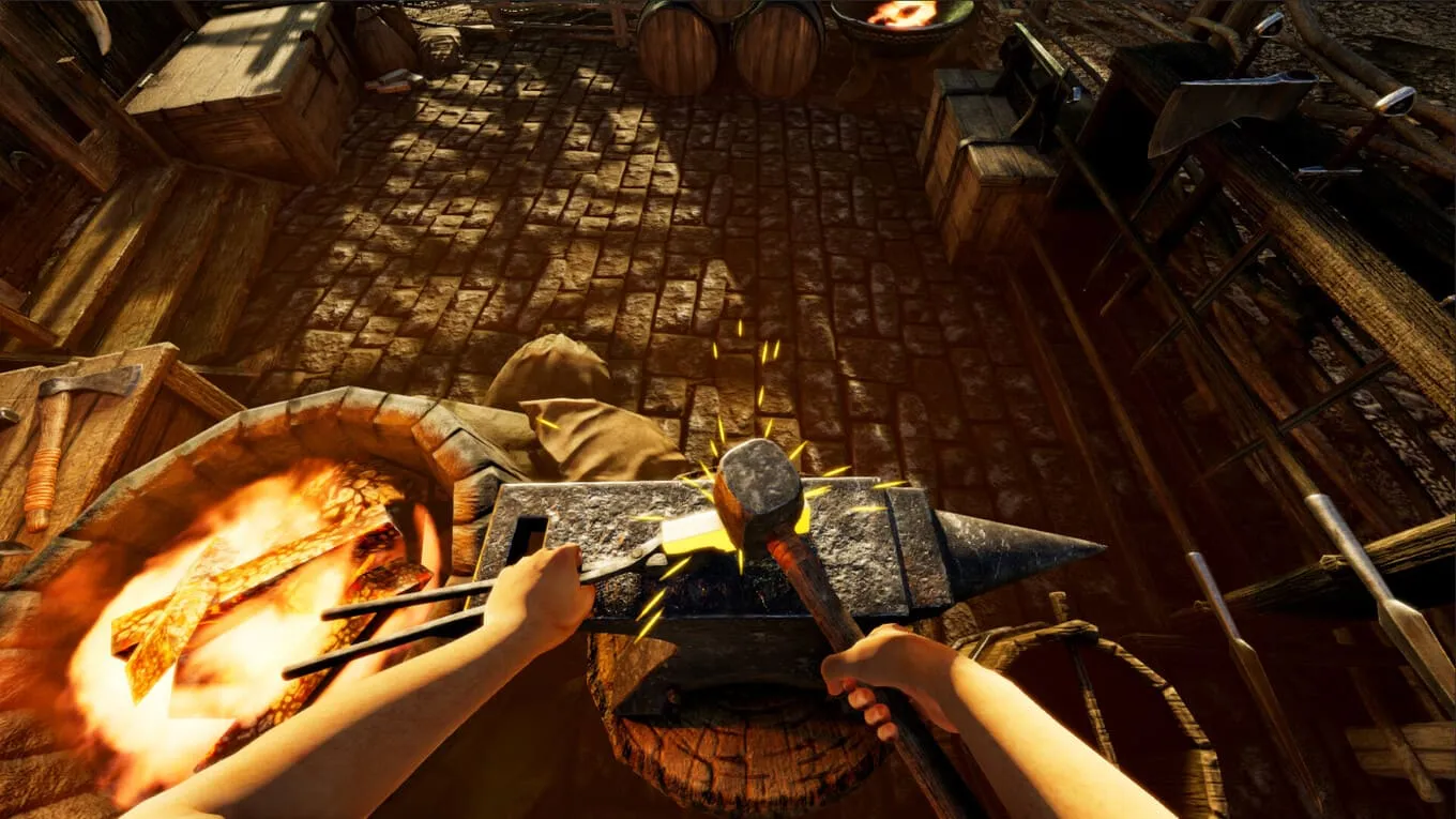 Captura Viking Frontiers – Interior De Edificio De Madera Mientras El Personaje Apunta Con Lanza