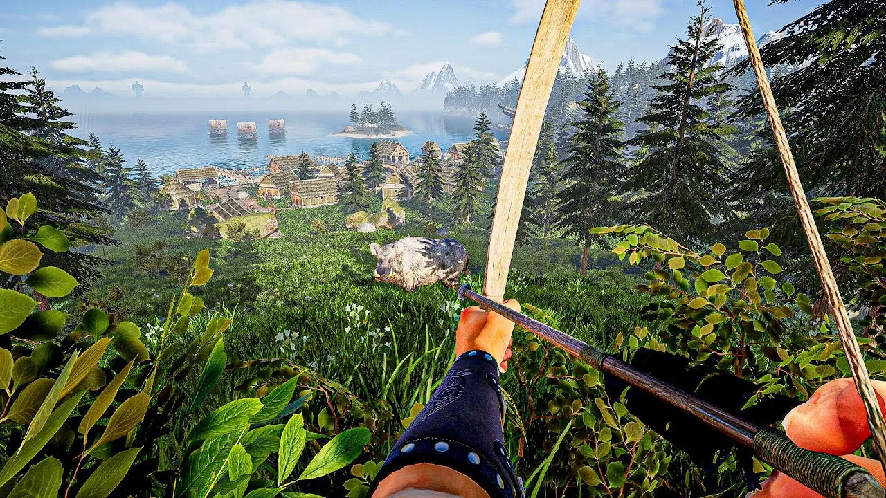 Captura Viking Frontiers – Vista Desde Arco En Primera Persona Con Pueblo Y Mar A Lo Lejos