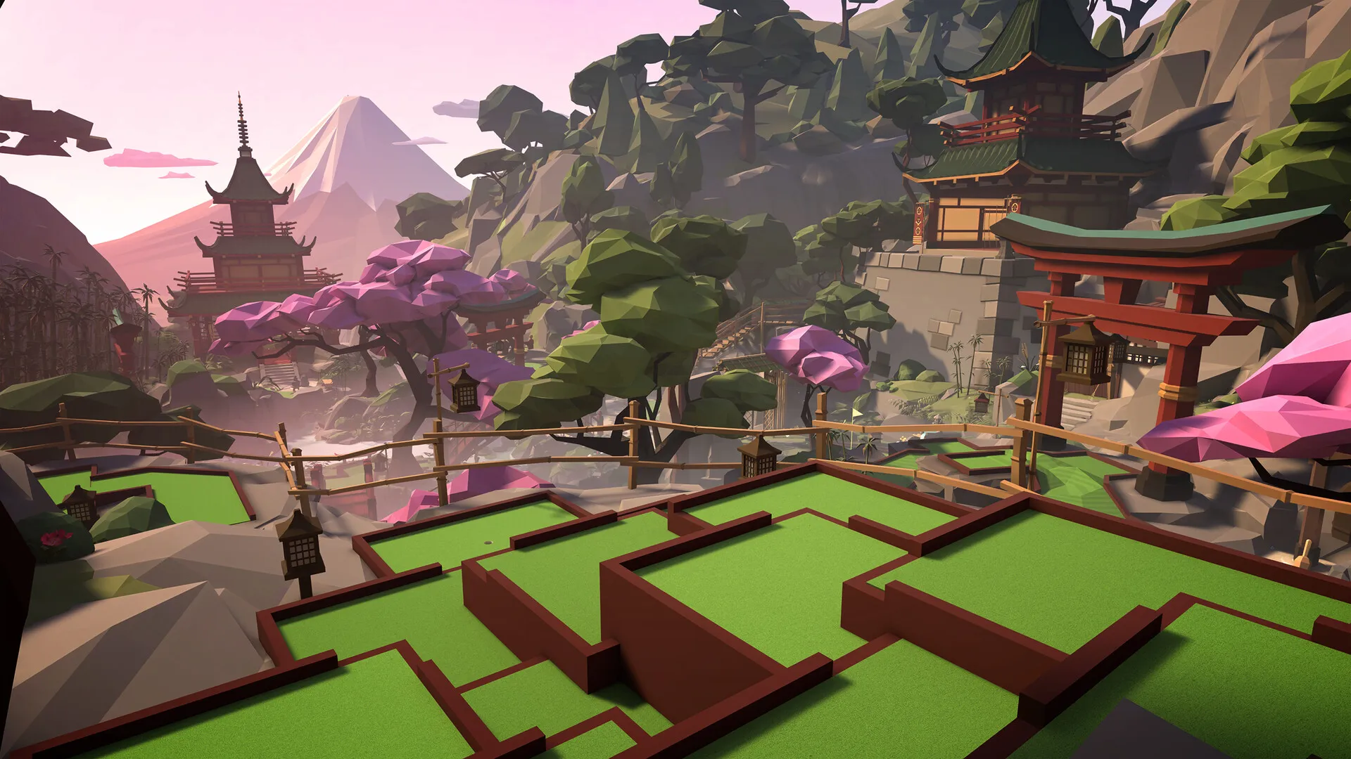 Captura Walkabout Mini Golf Escenario Oriental Con Templo Y Vegetacion Rosa
