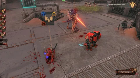 Captura Warhammer 40000 Battlesector – Unidades Enfrentadas En Una Arena Con Sangre Y Rayos Laser