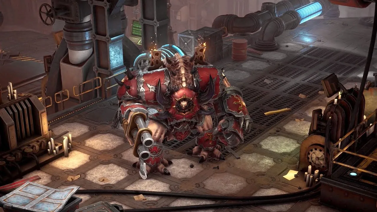 Captura Warhammer 40000 Rogue Trader – Un Demonio Con Armadura Roja Y Canon Doble Acecha En Una Fabrica De Estilo Gotico Industrial