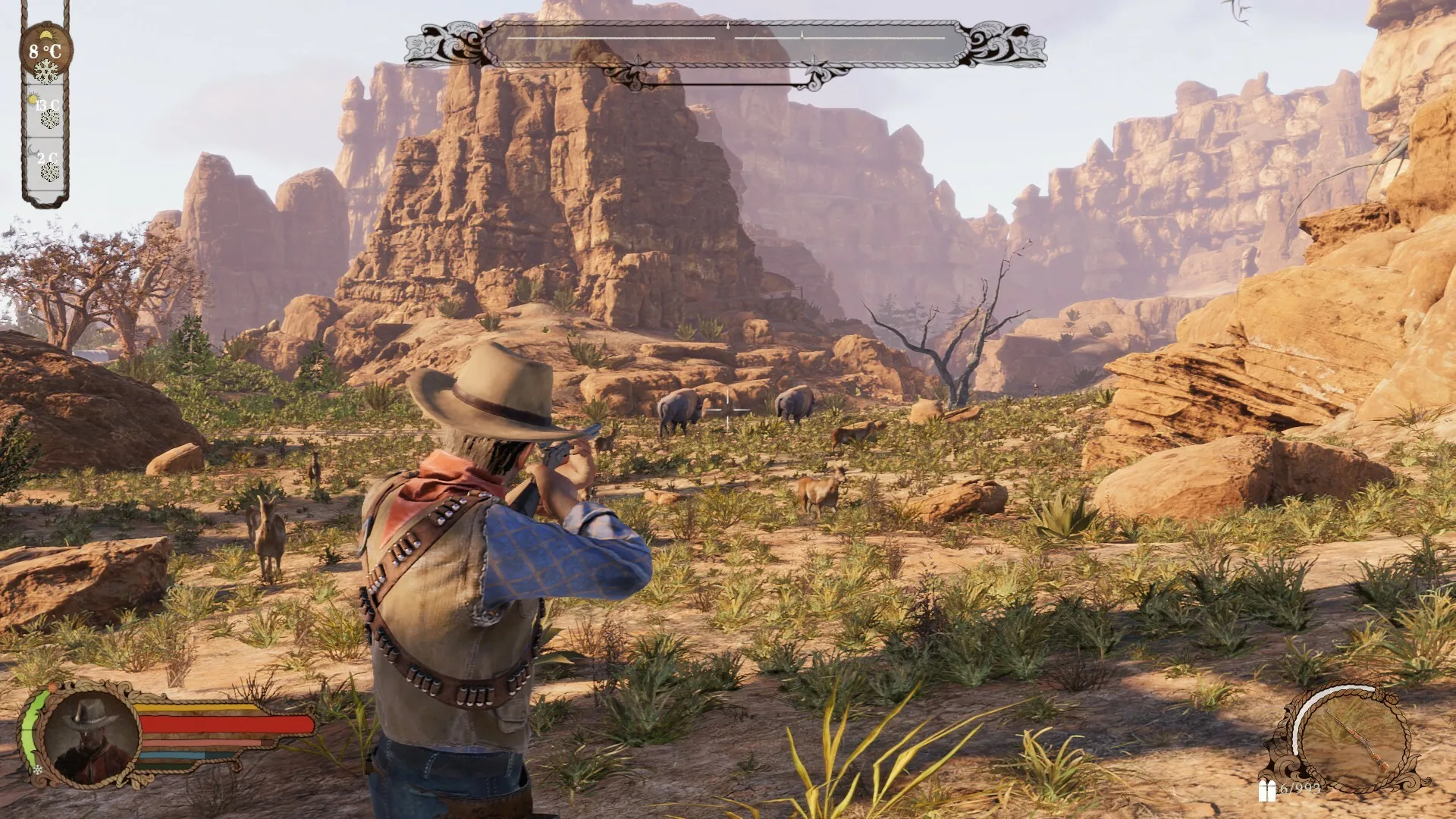 Captura Wild West Dynasty – Vaquero Apunta Con Rifle Hacia Canones Rocosos Del Oeste