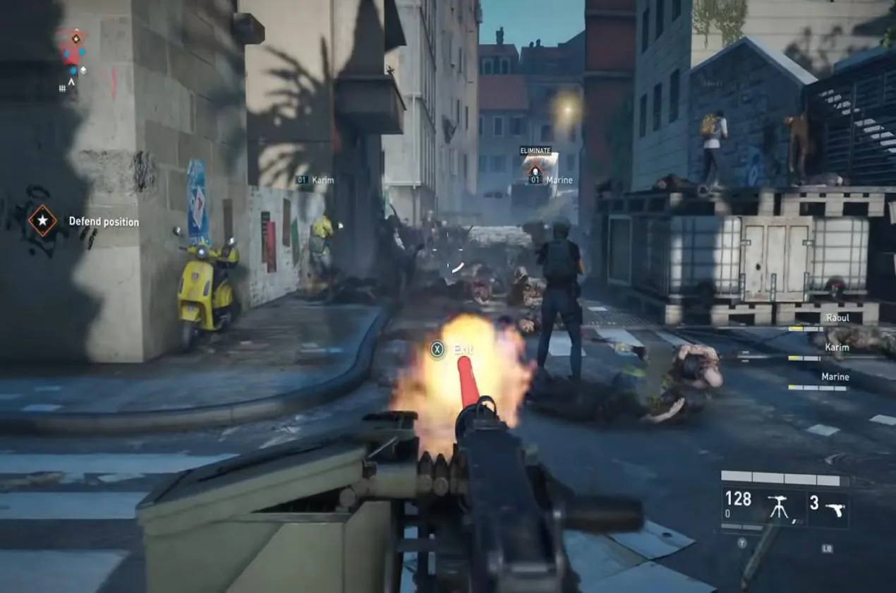Captura World War Z GOTY Edition – Una Ametralladora Dispara En Una Calle Llena De Zombis Mientras Un Grupo Intenta Defender La Posicion