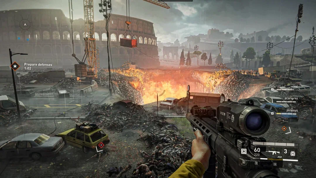 Captura World War Z GOTY Edition – Vista En Primera Persona Con Un Fusil Apuntando A Una Zona Repleta De Cadaveres Cerca Del Coliseo