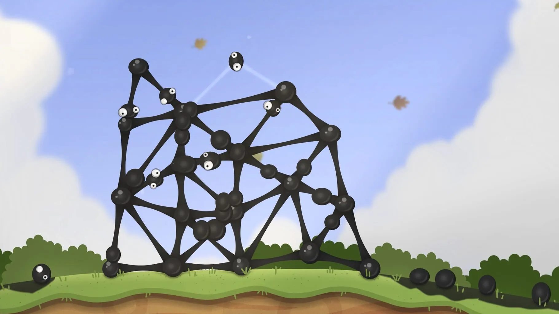 Captura World Of Goo 2 – Estructura Vertical Armada Con Bolas De Goo Bajo Cielo Azul Claro