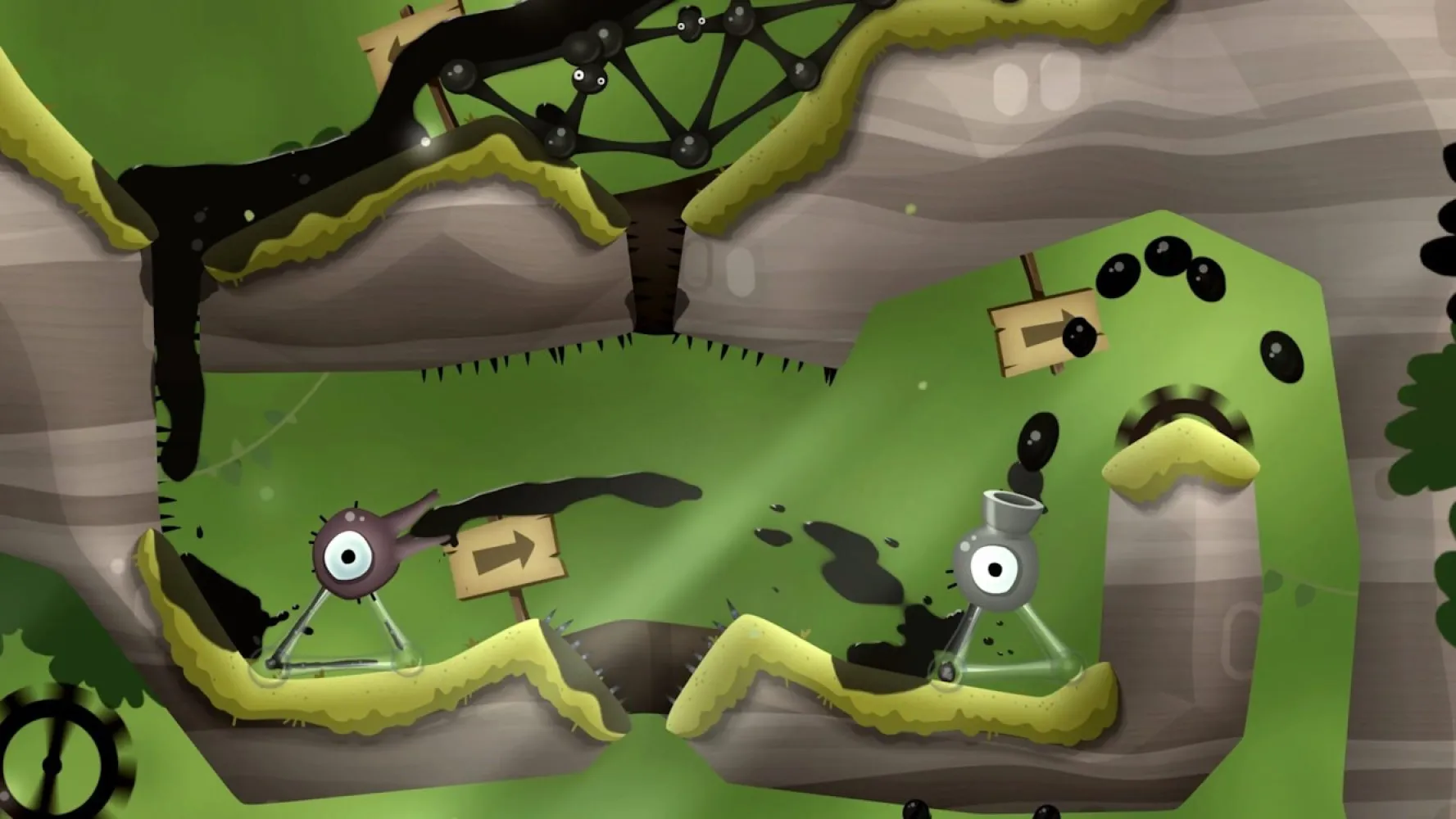 Captura World Of Goo 2 – Nivel Con Lodo Verde Y Elementos Moviles Entre Arboles Retorcidos