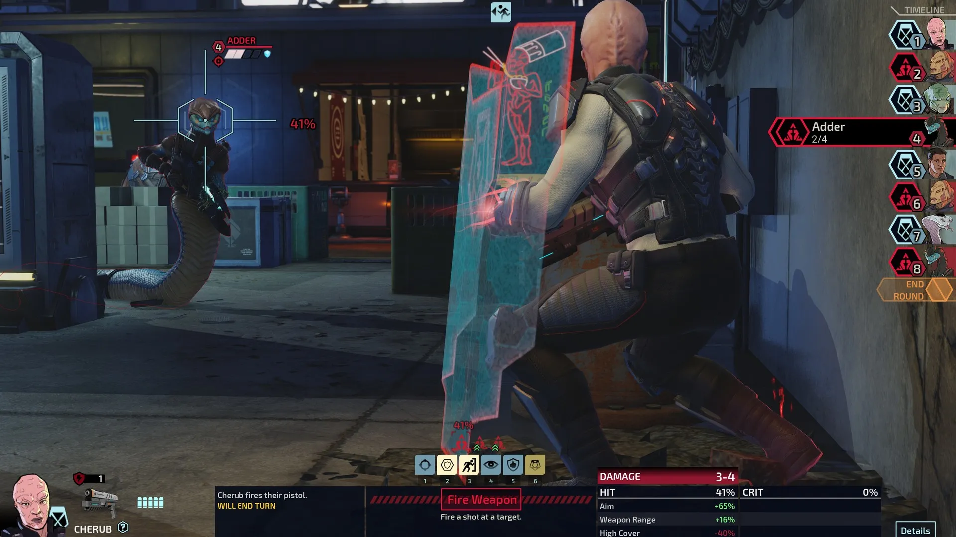 Captura XCOM Chimera Squad – Cherub Apunta Desde Cobertura Con Escudo Mientras Enfrenta A Una Serpiente Enemiga