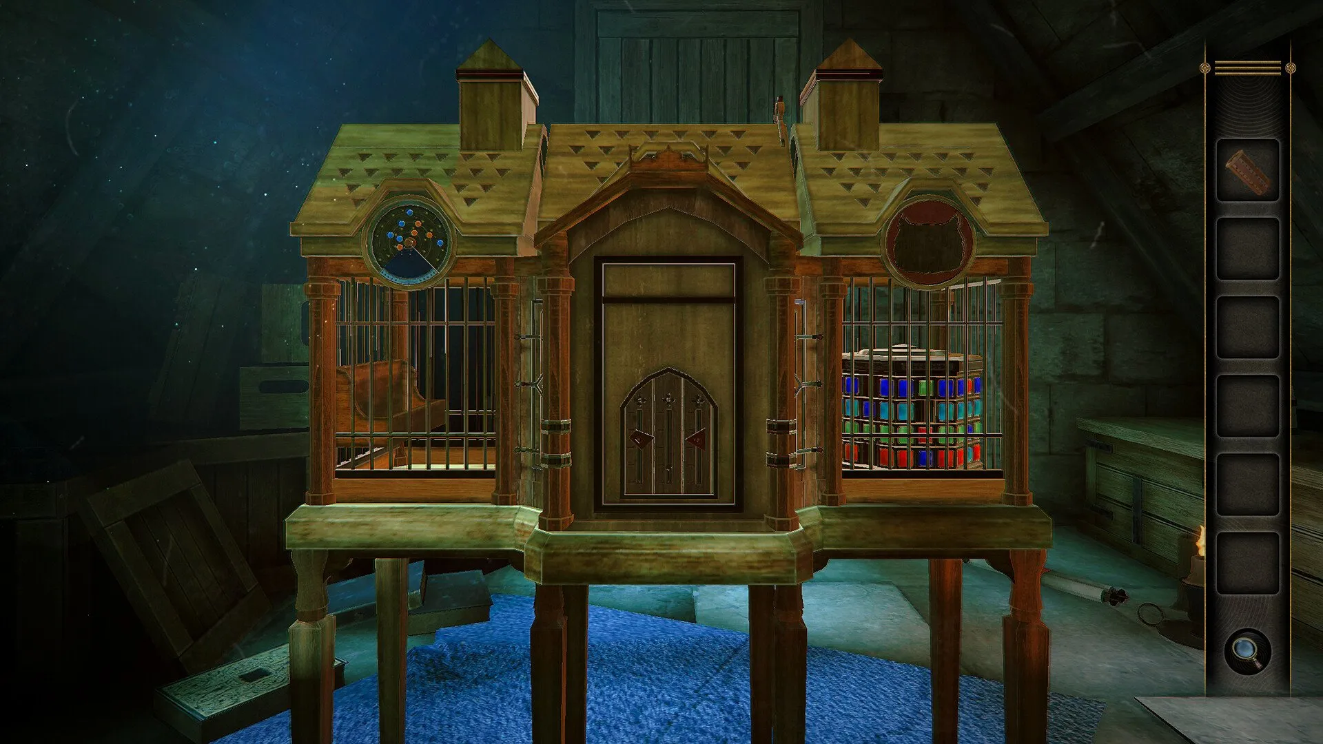 Captura 3D Escape Room Detective Story Una Casa De Madera Con Ventanas Iluminadas Esta Elevada Sobre Una Plataforma Azul