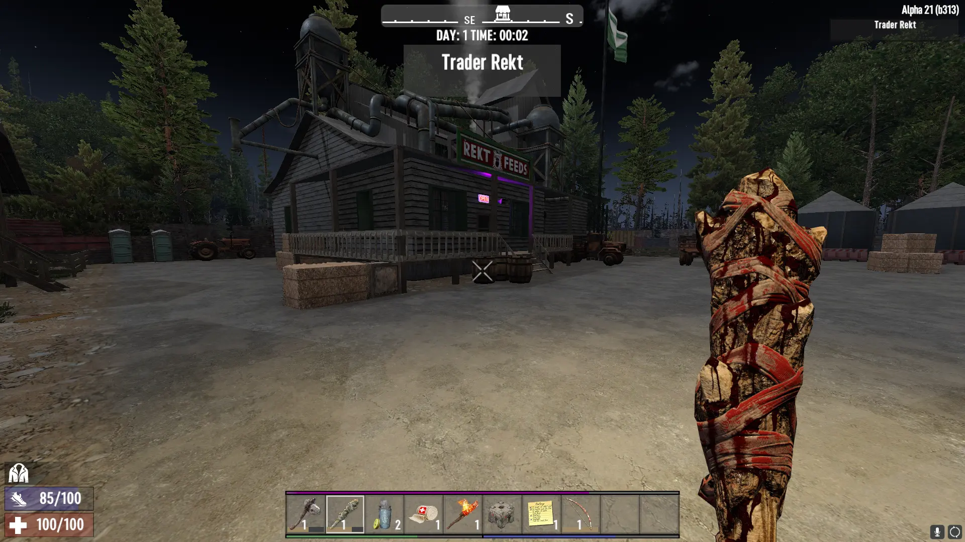 Captura 7 Days To Die – Jugador Con Armadura Frente A Edificio Abandonado