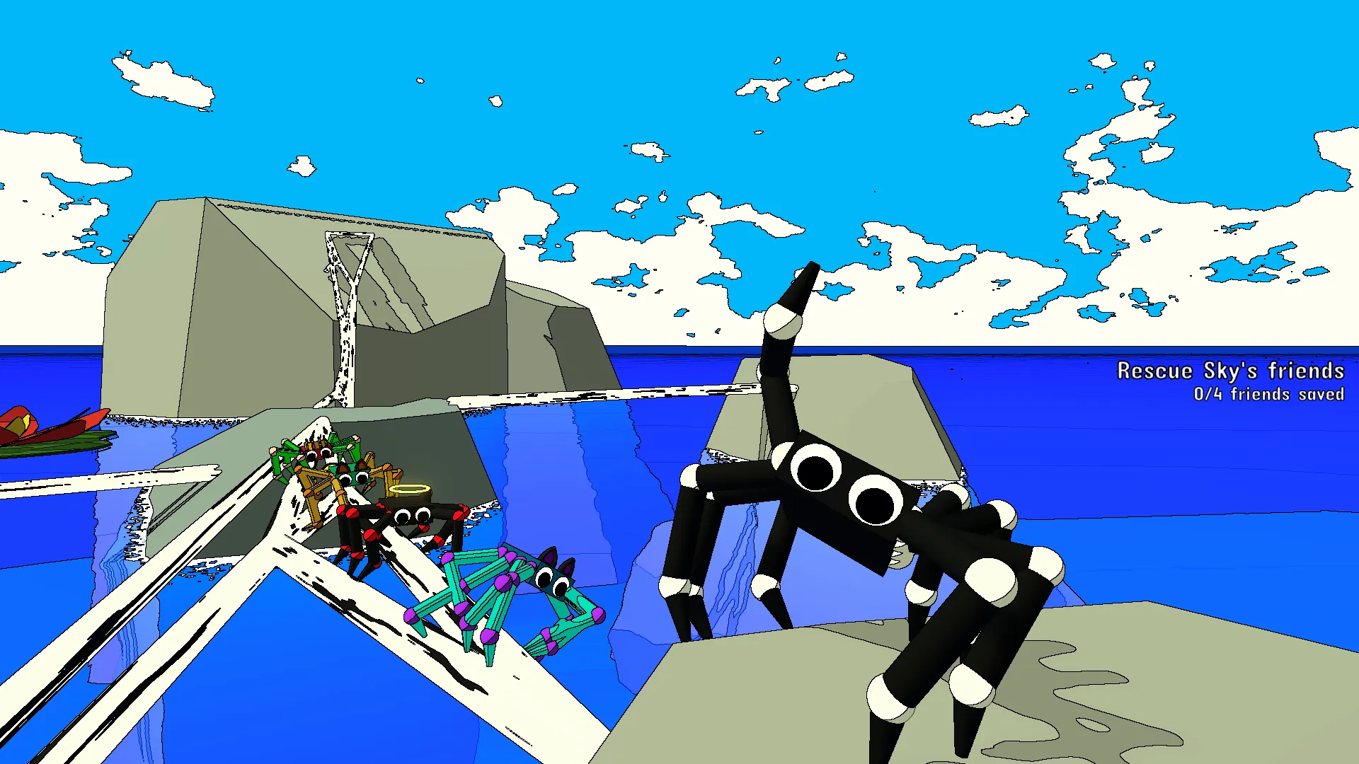 Captura A Webbing Journey – Arana Negra Caminando Por Estructuras Blancas Junto Al Mar