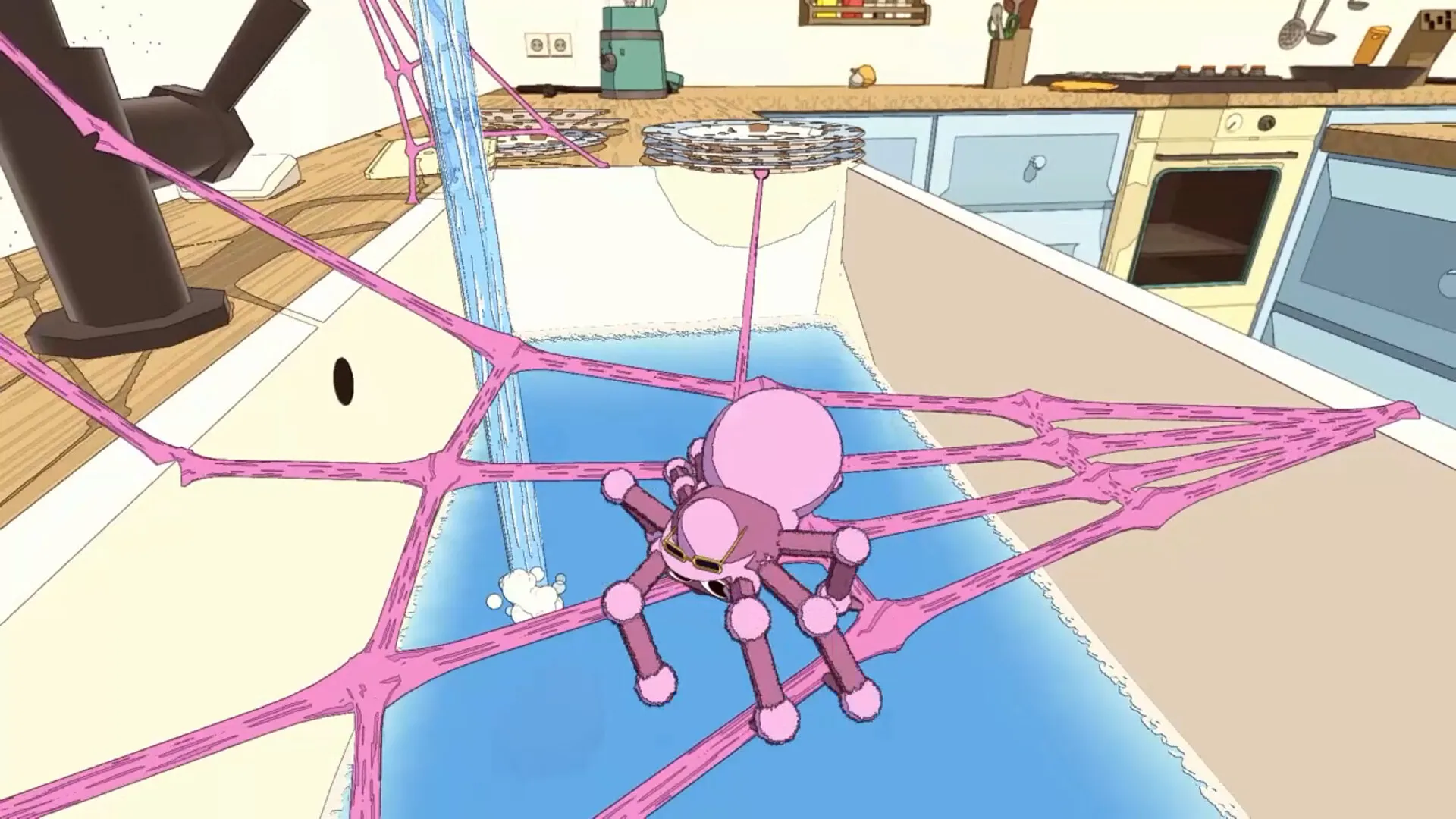 Captura A Webbing Journey – Arana Rosada Construyendo Una Red Entre Muebles De Cocina