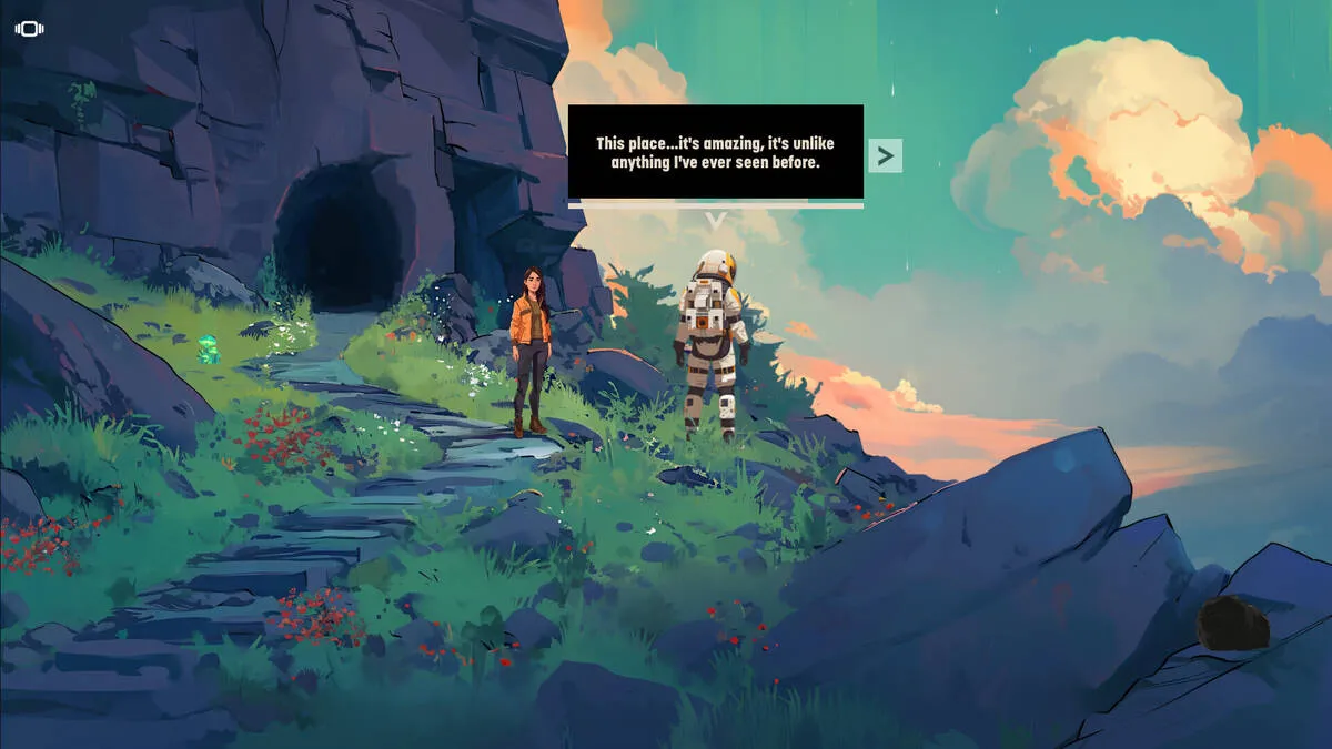 Captura Aether Collector – Conversacion Con Un Robot Junto A Una Cueva Sobre Una Colina Al Atardecer