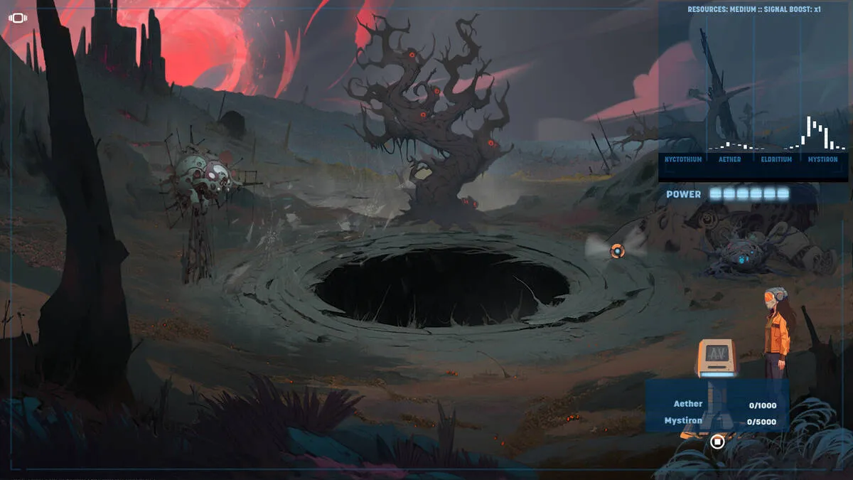 Captura Aether Collector – Escena Oscura Con Arbol Seco Y Crater Humeante En El Centro