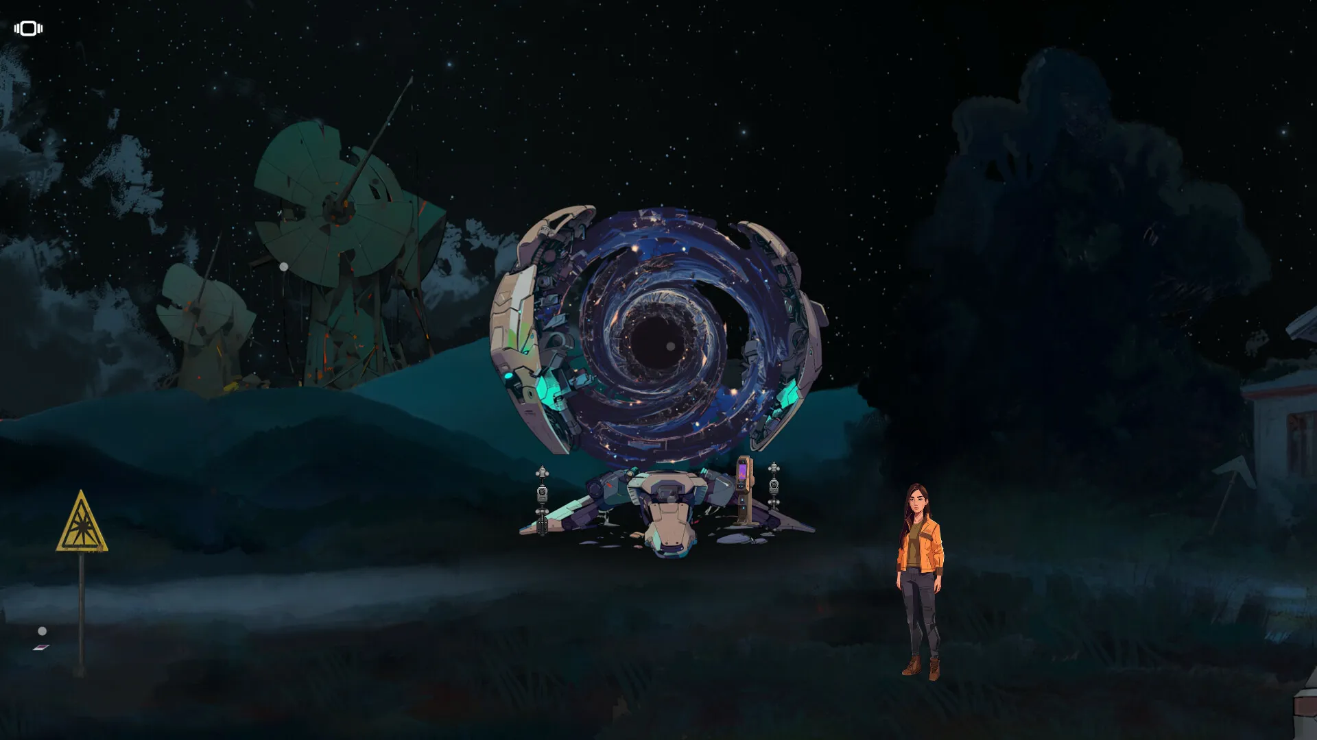 Captura Aether Collector – Maquina Circular Encendida En Medio Del Bosque Con Una Figura Femenina Observando