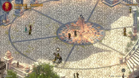 Captura Alaloth Champions Of The Four Kingdoms – Plaza De Marmol Con Personajes Pequenos Caminando Por Caminos Circulares
