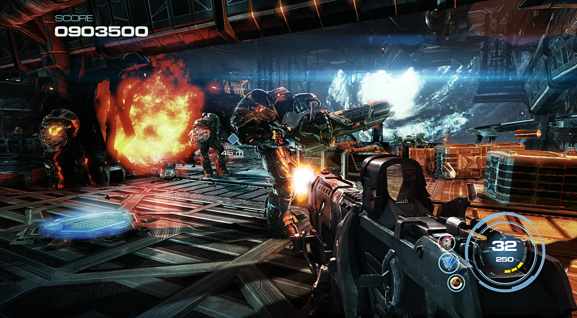 Captura Alien Rage Escenario Futurista Con Fuego Explosiones Y Disparos En Primera Persona