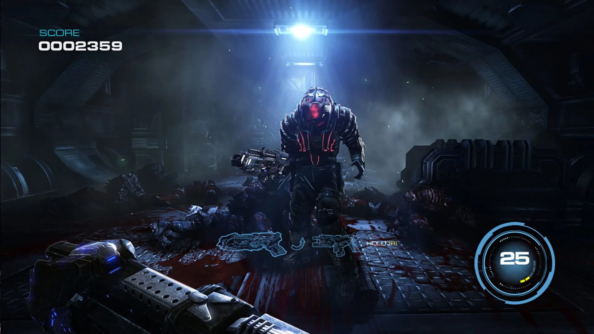 Captura Alien Rage Un Enemigo Robotizado Iluminado Avanza Entre Cuerpos Y Destruccion Futurista