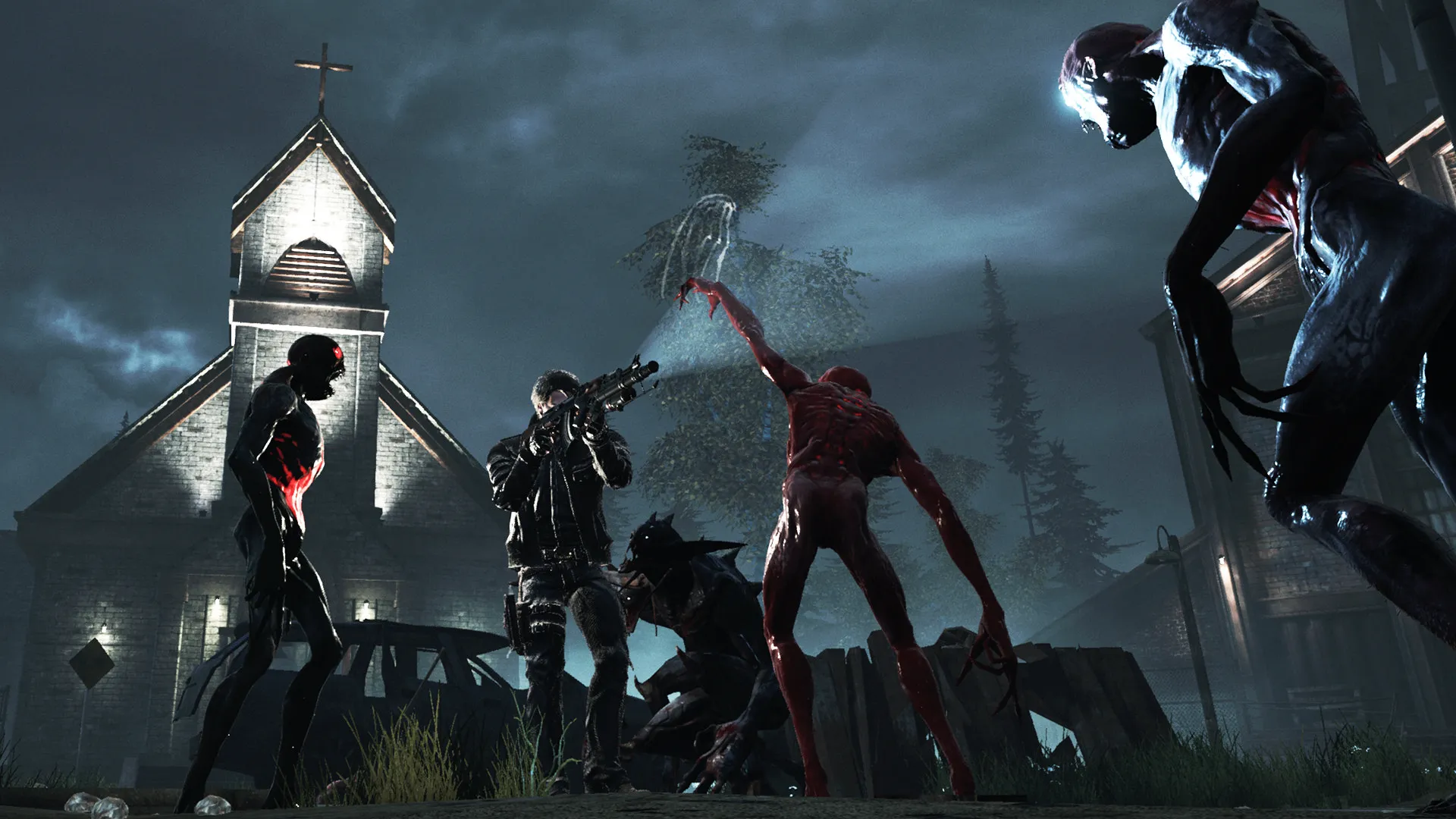 Captura Alone In The Dark Illumination – Enfrentamiento Con Criaturas Frente A Una Iglesia Bajo Tormenta