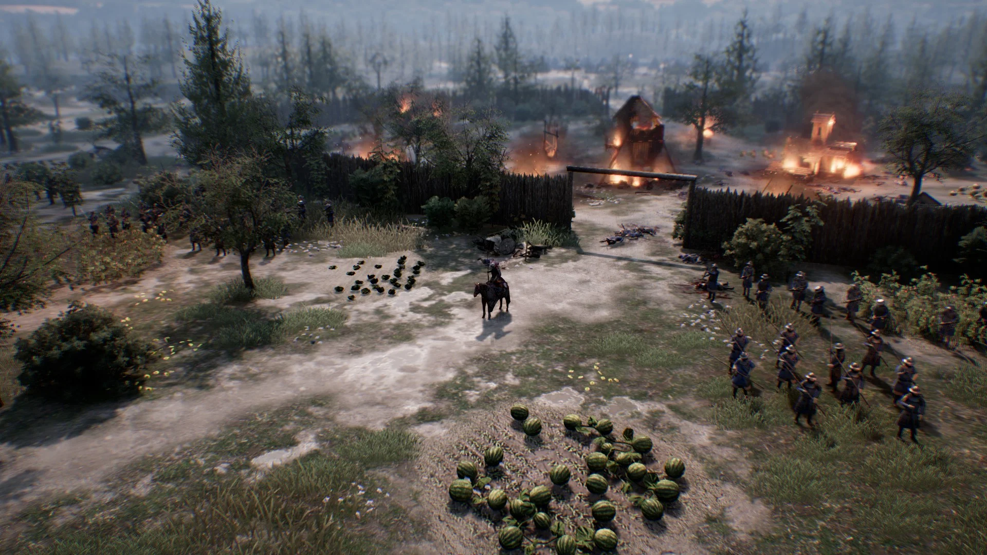 Captura Ancestors Legacy – Soldados Marchan Por Un Pueblo En Llamas Mientras El Humo Cubre El Cielo