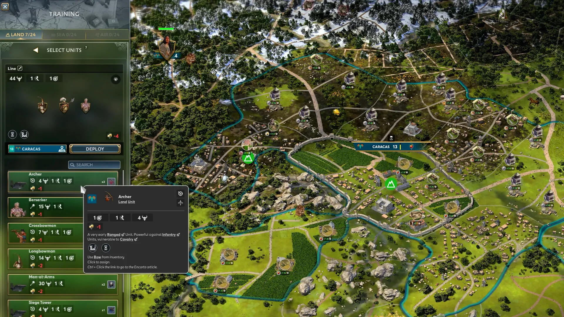Captura Ara History Untold – Poblado Con Zonas Verdes Y Caminos Mientras Se Muestran Menus Flotantes De Construccion