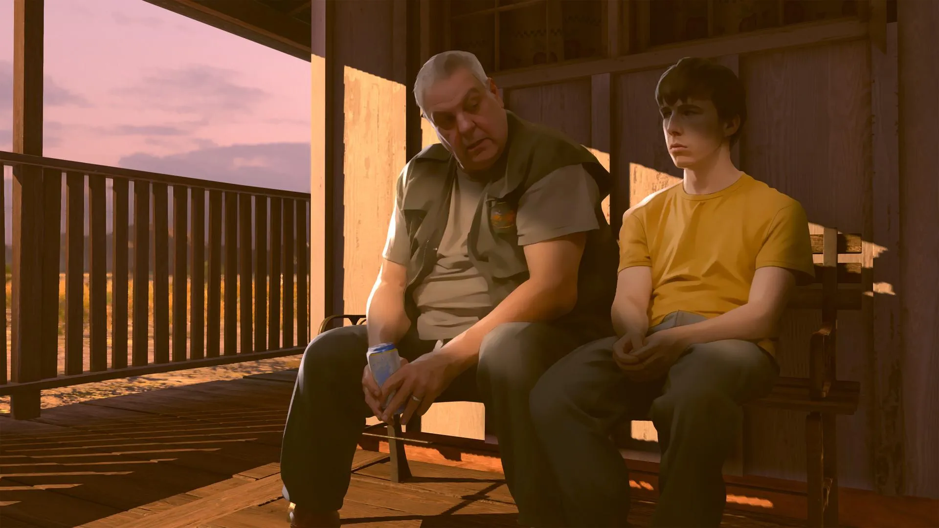 Captura As Dusk Falls Un Hombre Corpulento Y Un Joven Estan Sentados En Una Terraza De Madera Al Atardecer